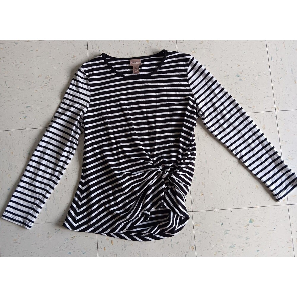 CHICO'S Shirt Size 1 Womens Tie Front Slub Stretch Striped Black White Top